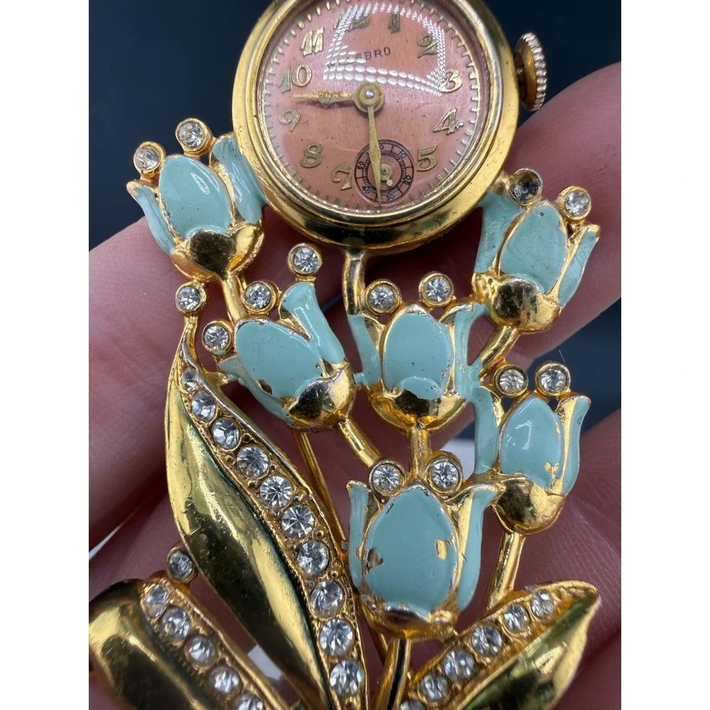 Vintage‎ Welsbro Watch Brooch Tulips Pot Metal Rhinestone NICE Untested